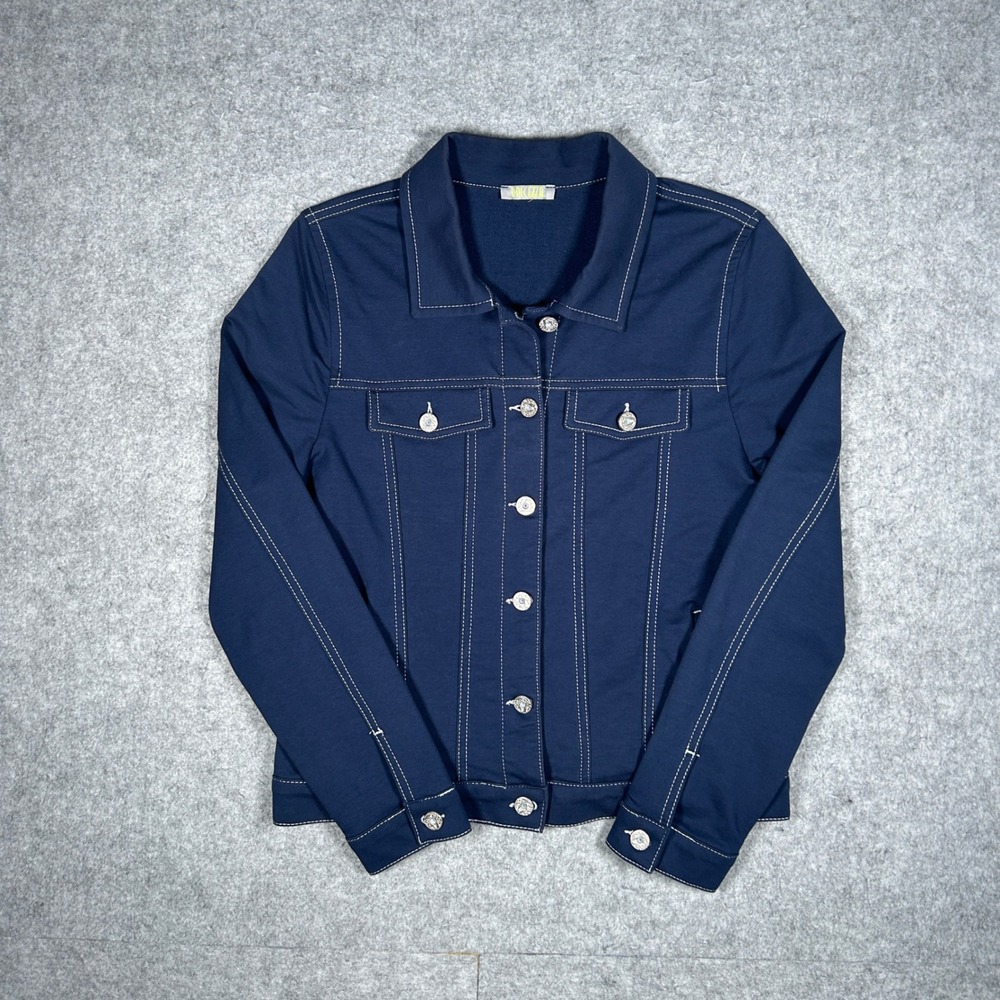 Dolcezzaβ Jacket Womens Navy Blue Contrast Stitch Button Up Stretch Casual Chic
